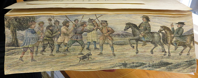 The “open” scene on Fox’s journal. The artist would have fanned the pages and gripped them in a vice before applying the watercolour.